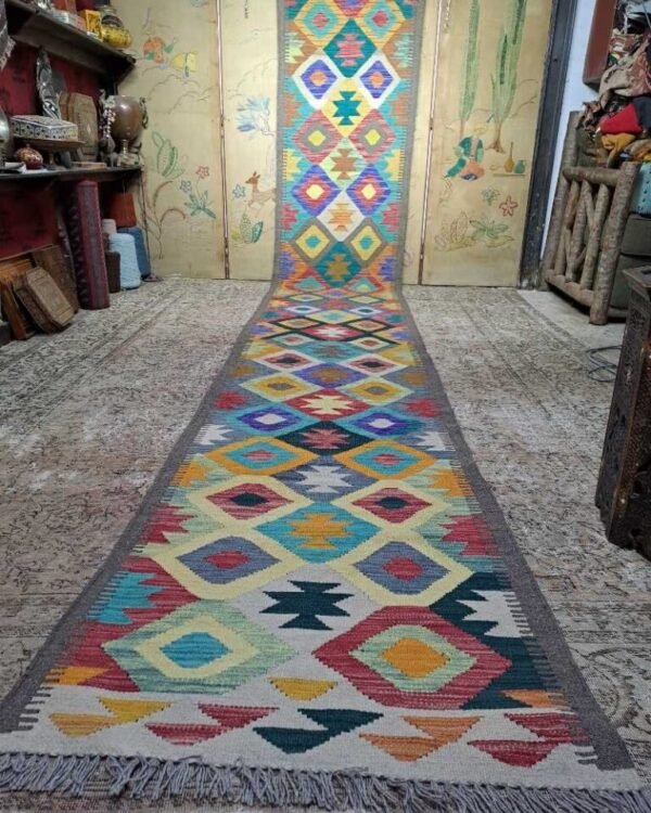 Extra long vintage handmade afghan kilim runner 490x76cm.
