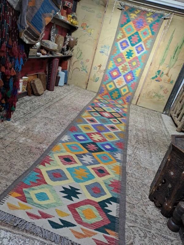 Extra long vintage handmade afghan kilim runner 490x76cm.