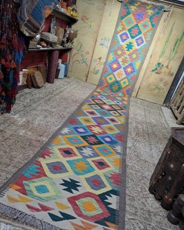 Extra long vintage handmade afghan kilim runner 490x76cm.