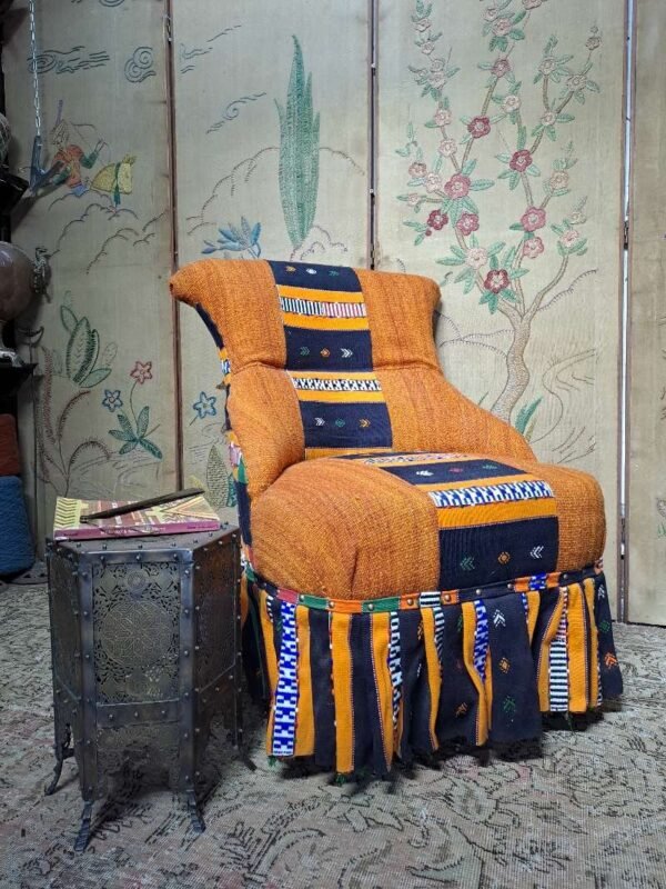 Antique iron back chair with vintage African Kente cloth - Image 2