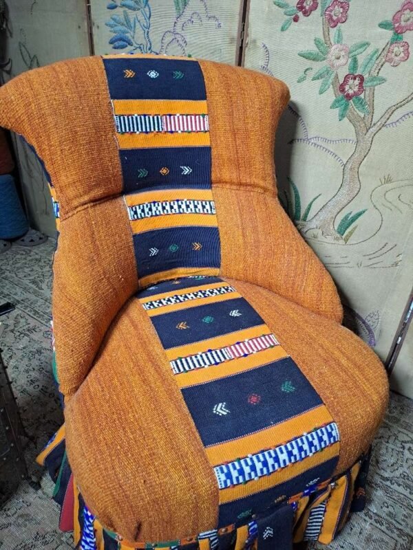 Antique iron back chair with vintage African Kente cloth - Image 3