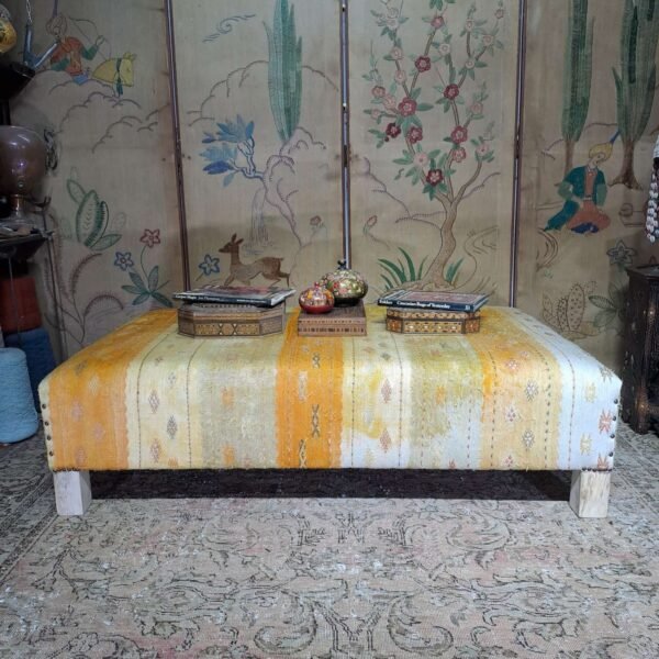 large deep upholstered ottoman coffee table. upholstered n antique Morrocan cactus silk kilim 136x81cm
