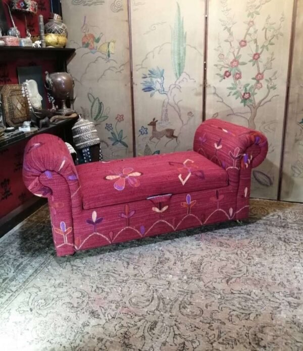 Antique country house ottoman window seat upholstered in Uzbek suzani
