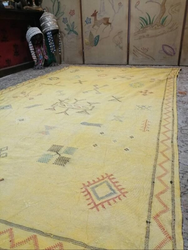 Vintage handmade Moroccan Berber kilim made using cactus silk faded and weathered 230x130cm