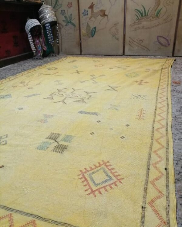 Vintage handmade Moroccan Berber kilim made using cactus silk faded and weathered 230x130cm
