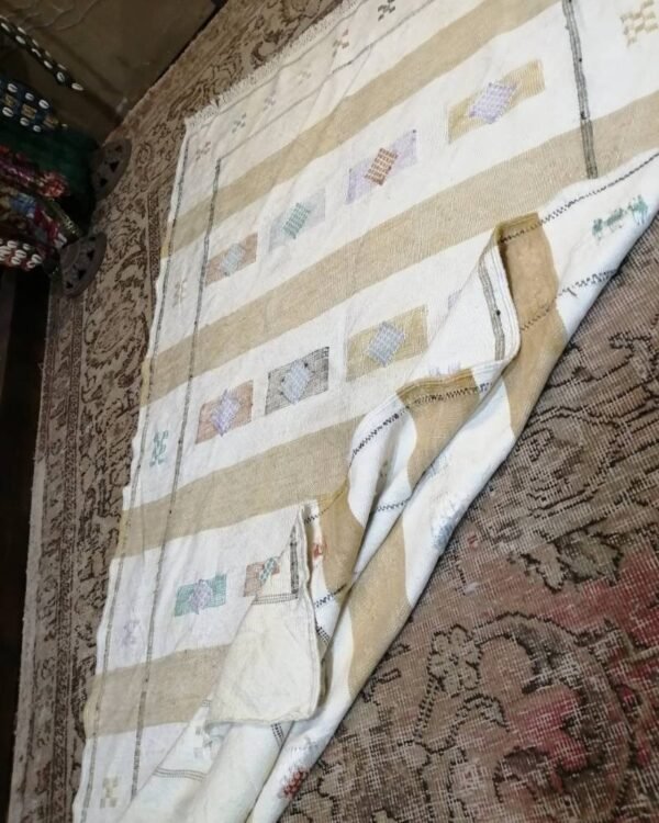 Vintage handmade Moroccan Berber kilim made using cactus silk faded and weathered 133x83cm
