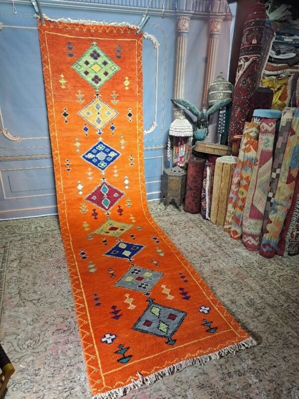 Vintage handmade Moroccan style runner. vibrant orange colour. Long pile. 295x74cm
