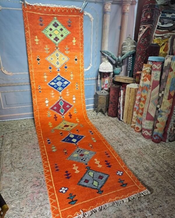 Vintage handmade Moroccan style runner. vibrant orange colour. Long pile. 295x74cm