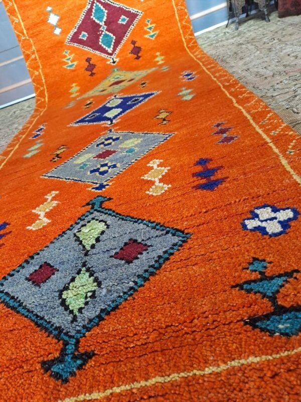 Vintage handmade Moroccan style runner. vibrant orange colour. Long pile. 295x74cm - Image 3